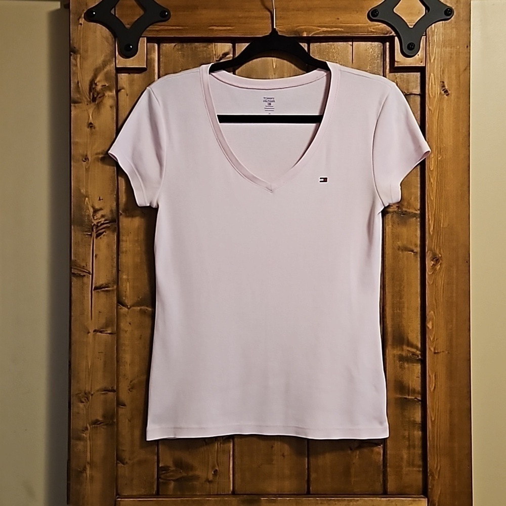 Tommy Hilfiger Pastel Pink Cotton Knit V Neck Cap Sleeve Tshirt Size Med